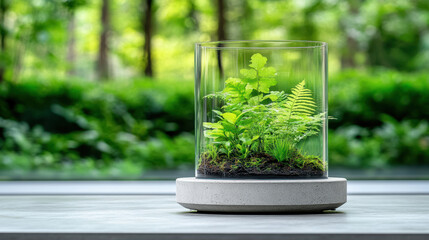 Wall Mural - glass terrarium showcasing vibrant green ferns and plants in serene setting