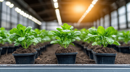 Sticker - Growing spinach plants in greenhouse with bright lighting and soil