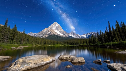 Wall Mural - Majestic mountain peak under starry sky reflecting in calm lake