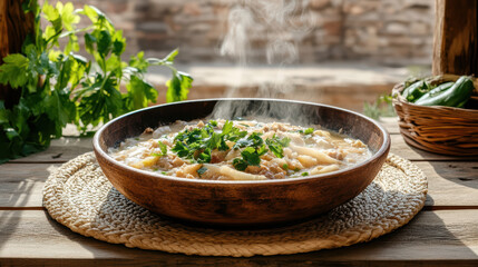 Canvas Print - steaming pot of traditional stew garnished with fresh herbs