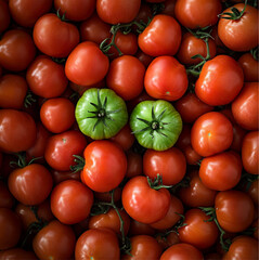 Wall Mural - top-down view of a large pile of red tomatoes, with two green tomatoes standing out together. Soft natural light, warm tones, dreamy and nostalgic feel