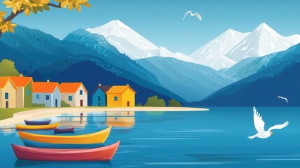 Wall Mural - serene landscape with colorful houses and mountains