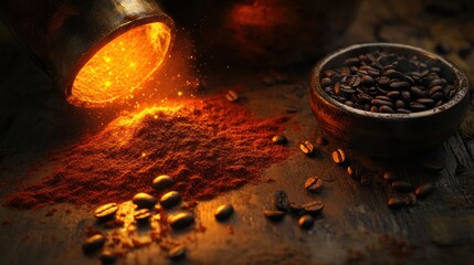 Wall Mural - Coffee Beans and Ground Spices: A Dark and Dramatic Still Life