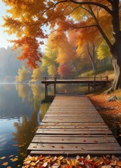 Wall Mural - A tranquil lake shoreline with a wooden pier and an array of colorful autumn leaves, tree branches, calmness