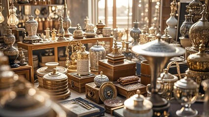 The image showcases a rich collection of ornate items, likely from an antique or specialty shop. 