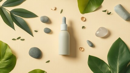 Canvas Print - Natural skincare serum bottle with leaves and stones