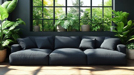 Wall Mural - Modern dark sofa, indoor plants, sunlit window