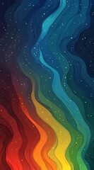 Wall Mural - Abstract digital art featuring vibrant wavy lines in a spectrum of colors, resembling a cosmic nebula with scattered stars. Darker blues and purples