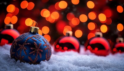 Canvas Print - Blue and red Christmas ornaments in the snow against a bokeh background of warm red lights. Festive winter holiday image