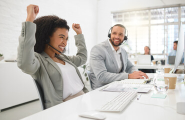Poster - Agent, excited or woman winning in call center for consulting bonus, online help or good news. Victory, computer or happy advisor in CRM agency with success, telemarketing target or sales achievement