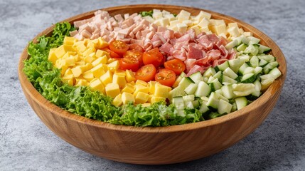 Wall Mural - A vibrant and appetizing salad is artfully arranged in a rustic wooden bowl. The salad features a colorful array of diced cheese, savory ham, sliced