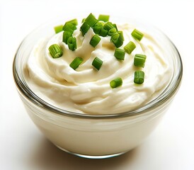 Sticker - Close up view of a small glass bowl filled with creamy white dip or sauce, garnished with finely chopped green herbs. The background is plain white