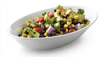 Wall Mural - A colorful black bean and corn salad with avocado and red onions, served in a white ceramic bowl.