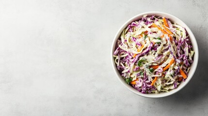 Poster - A fresh bowl of coleslaw with shredded cabbage, carrots, and a light vinaigrette dressing, styled with copy space.