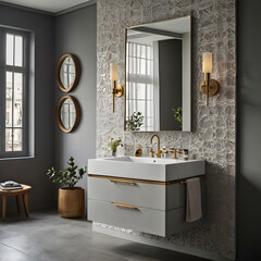 Wall Mural - modern bathroom  mirror and sink with lighting 4k resolution 