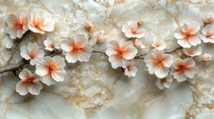 Canvas Print - Peach blossoms marble background floral design