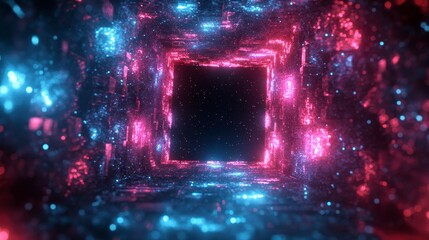 Wall Mural - Abstract digital art depicting a glowing square portal within a dark tunnel, surrounded by pink and blue particles. Neon lighting illuminates the