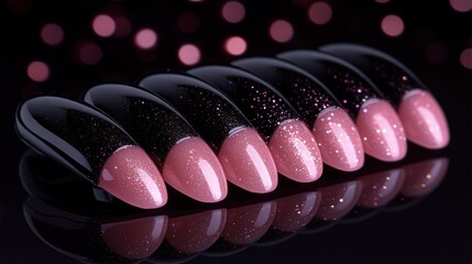 Canvas Print - Pink black glitter nails studio shot bokeh