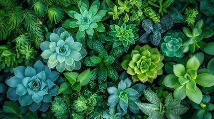 Wall Mural - Overhead shot of various succulents and greenery. Lush green tones, diverse textures and shapes create a vibrant natural background. Ideal for