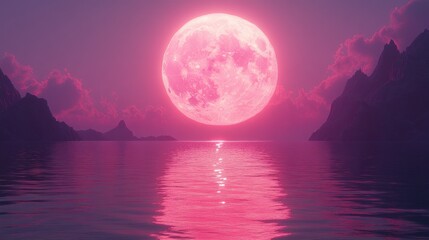 Wall Mural - Pink moonrise over calm sea, mountains, cloudscape