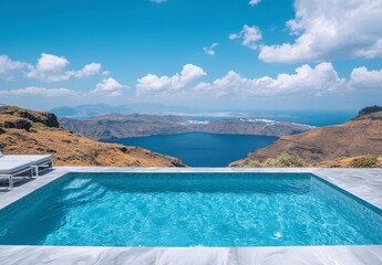 Wall Mural - Luxury resort pool with a stunning caldera view. Clear blue water, white marble, and a sunny day create a tranquil atmosphere. Panoramic view of the