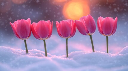 Sticker - Pink tulips snow sunset winter card