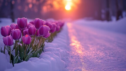 Canvas Print - Pink tulips sunrise snowy road winter