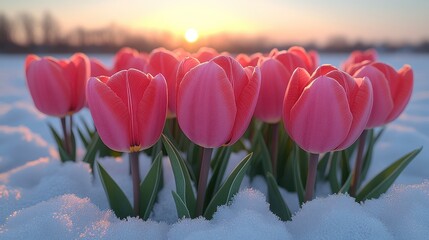 Canvas Print - Pink tulips sunrise snow field winter