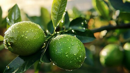 Fresh green limes covered in dew hanging from a vibrant tree branch in early morning sunlight