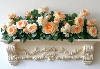 Canvas Print - Peach colored roses in a creamy white ornate planter against a textured off white wall. Soft, natural light illuminates the flowers and planter