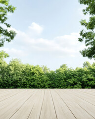 Wall Mural - Natural outdoor setting with wooden deck and lush greenery under a clear sky