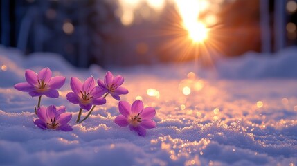 Wall Mural - Purple flowers blooming in snowy sunset