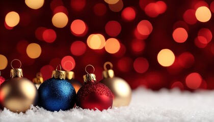 Canvas Print - Red, gold, and blue Christmas ornaments rest on a layer of snow against a bokeh background of red and gold lights