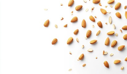 Canvas Print - Scattered roasted nuts on white background, some cracked open, showing inner texture. Light and airy composition with copy space