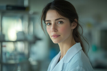 Poster - A young female scientist in a lab coat looks directly at the camera with a serious expression.