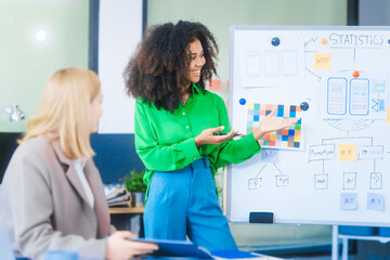 a young african american woman and a young russian woman work together in a business office. they di