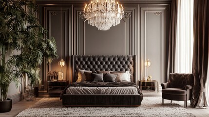 Wall Mural - Elegant and Luxurious Bedroom Design with Chandeliers and Plants