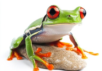 Vibrant green frog with striking red eyes perched on a light brown stone against a stark white background. Detailed view of its textured skin and