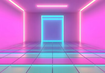 Wall Mural - Abstract digital art depicting a vibrant room with neon lighting, featuring pink and cyan accents on walls and floor tiles. The scene is brightly lit