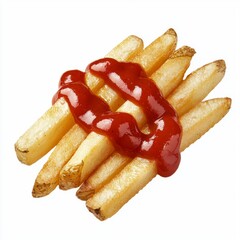 Crispy French fries with red ketchup topping arranged on a clean white background for food photography and culinary usage