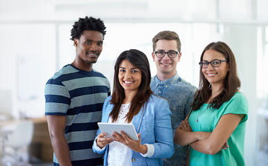 Fototapete - Office, business people and portrait with tablet for creative agency, research and pride for news firm. Smile, staff and journalists with team leader for publication, blog article and company growth