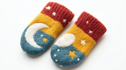 Colorful knitted mittens with moon and star patterns, white isolate background.