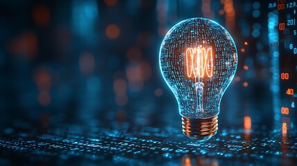 Digital lightbulb on binary code background for tech innovation