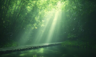 Aufkleber - Serene forest scene with sunlight streaming through lush greenery over a tranquil pathway.