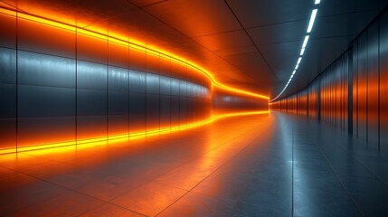 Wall Mural - Neon-lit corridor with orange and white lights curving into the distance, for design