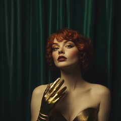 Wall Mural - A dynamic red-haired woman in shiny gold gloves poses against a dark green velvet curtain. 