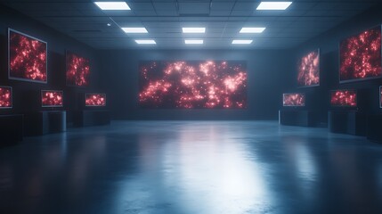 Poster - Futuristic room with glowing screens displaying red patterns and a sleek, modern aesthetic.