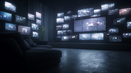 Fototapete - A dimly lit room featuring multiple screens displaying various visuals, creating a futuristic atmosphere.