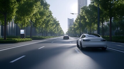 A serene urban street scene with modern cars and lush trees under soft sunlight.