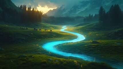 Wall Mural - Serene Mountain River at Dusk: A Breathtaking Landscape